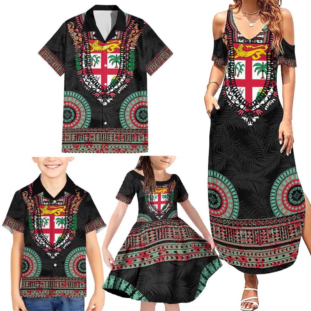 Fiji Coat of Arms Traditional Dashiki Family Matching Summer Maxi Dress and Hawaiian Shirt Tapa Art and Palm Leaves Pattern Black Color - Polynesian Pride
