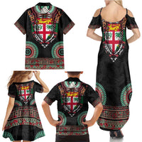 Fiji Coat of Arms Traditional Dashiki Family Matching Summer Maxi Dress and Hawaiian Shirt Tapa Art and Palm Leaves Pattern Black Color - Polynesian Pride