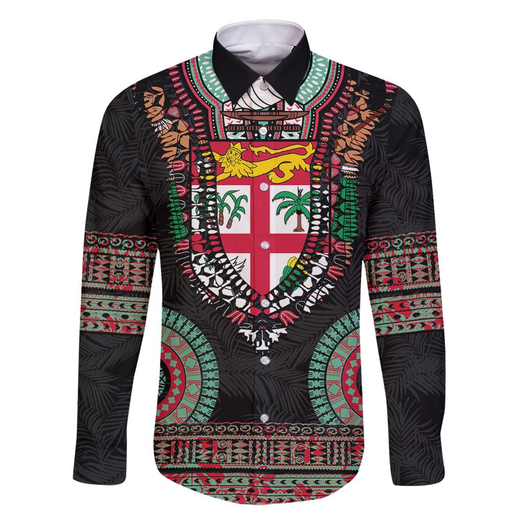 Fiji Coat of Arms Traditional Dashiki Family Matching Summer Maxi Dress and Hawaiian Shirt Tapa Art and Palm Leaves Pattern Black Color - Polynesian Pride