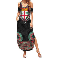 Fiji Coat of Arms Traditional Dashiki Family Matching Summer Maxi Dress and Hawaiian Shirt Tapa Art and Palm Leaves Pattern Black Color - Polynesian Pride