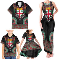Fiji Coat of Arms Traditional Dashiki Family Matching Tank Maxi Dress and Hawaiian Shirt Tapa Art and Palm Leaves Pattern Black Color - Polynesian Pride