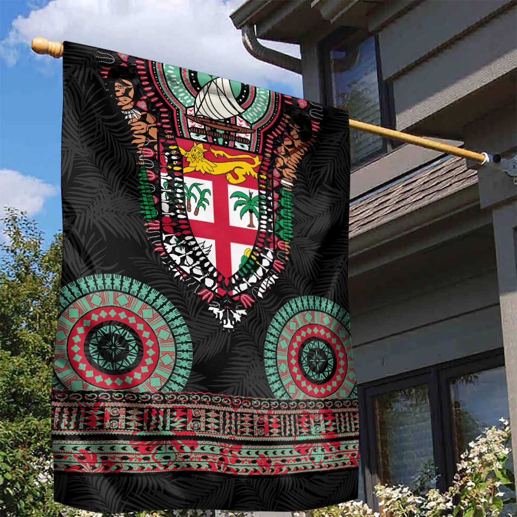 Fiji Coat of Arms Traditional Dashiki Garden Flag Tapa Art and Palm Leaves Pattern Black Color - Polynesian Pride