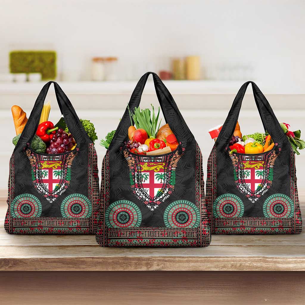 Fiji Coat of Arms Traditional Dashiki Grocery Bag Tapa Art and Palm Leaves Pattern Black Color - Polynesian Pride