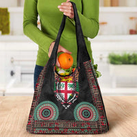 Fiji Coat of Arms Traditional Dashiki Grocery Bag Tapa Art and Palm Leaves Pattern Black Color - Polynesian Pride