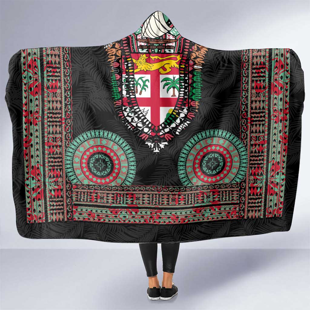 Fiji Coat of Arms Traditional Dashiki Hooded Blanket Tapa Art and Palm Leaves Pattern Black Color - Polynesian Pride