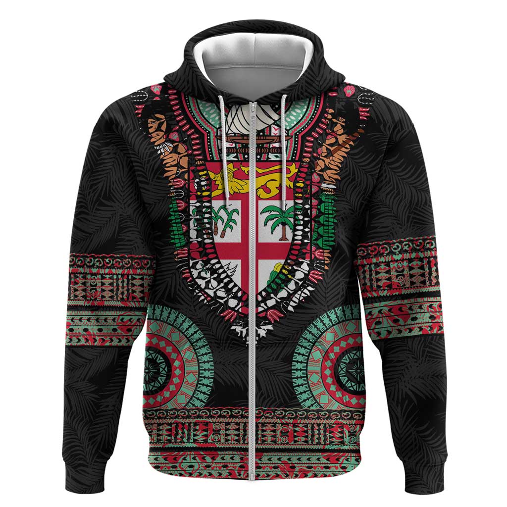 Fiji Coat of Arms Traditional Dashiki Hoodie Tapa Art and Palm Leaves Pattern Black Color - Polynesian Pride
