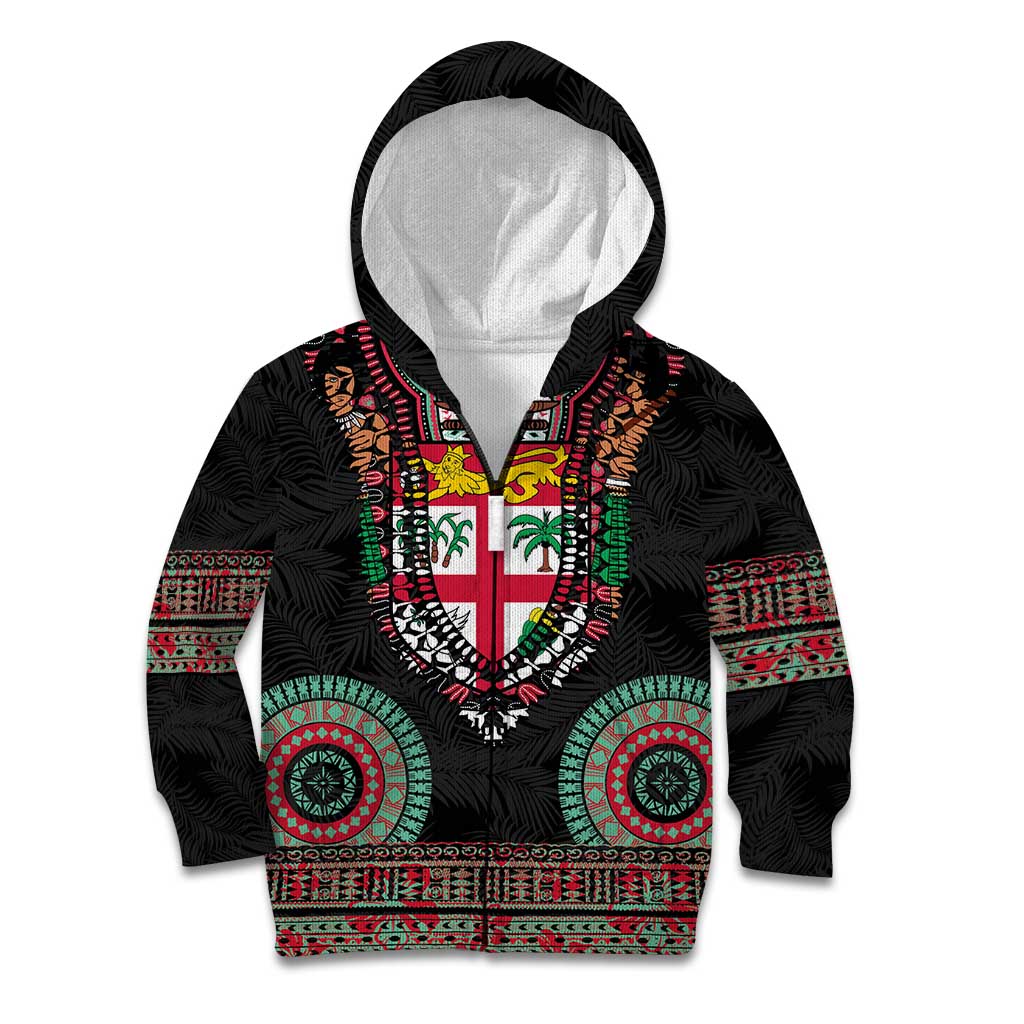 Fiji Coat of Arms Traditional Dashiki Kid Hoodie Tapa Art and Palm Leaves Pattern Black Color - Polynesian Pride