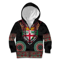 Fiji Coat of Arms Traditional Dashiki Kid Hoodie Tapa Art and Palm Leaves Pattern Black Color - Polynesian Pride
