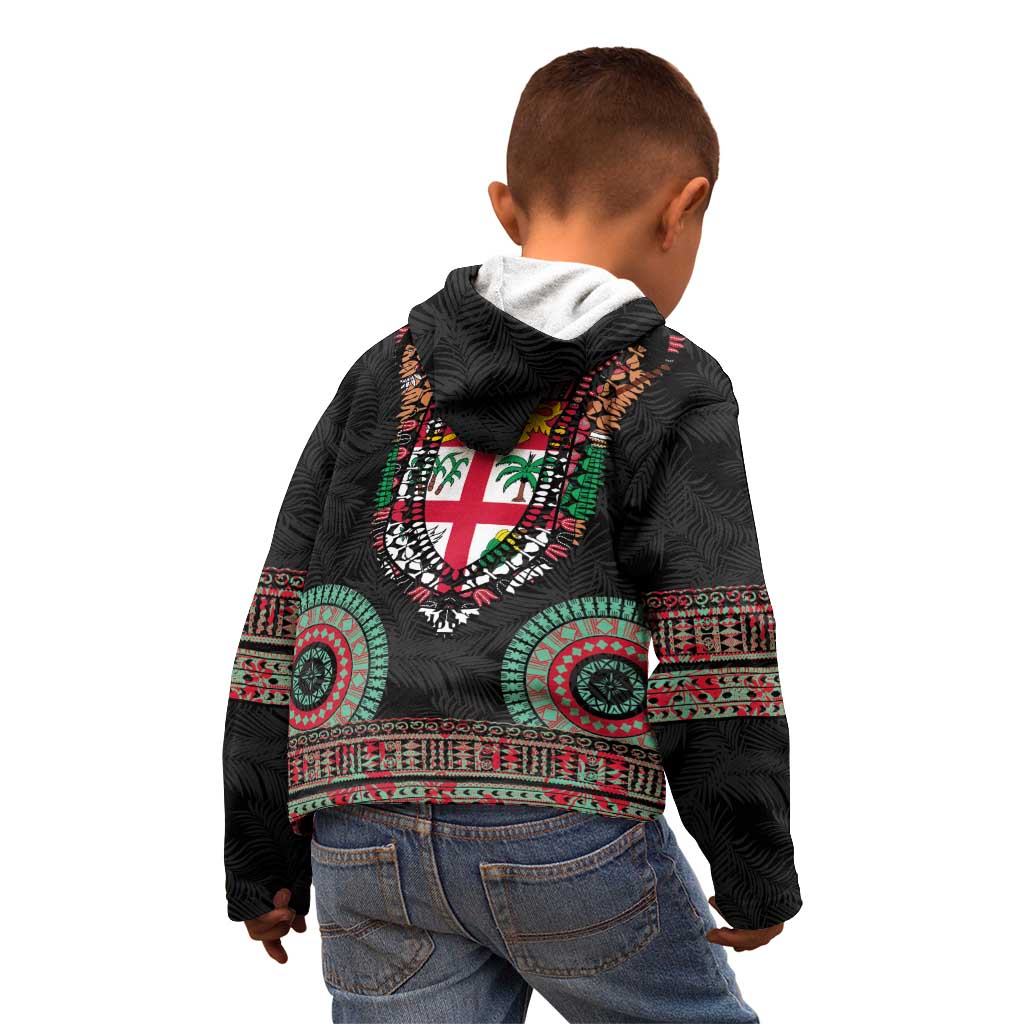 Fiji Coat of Arms Traditional Dashiki Kid Hoodie Tapa Art and Palm Leaves Pattern Black Color - Polynesian Pride