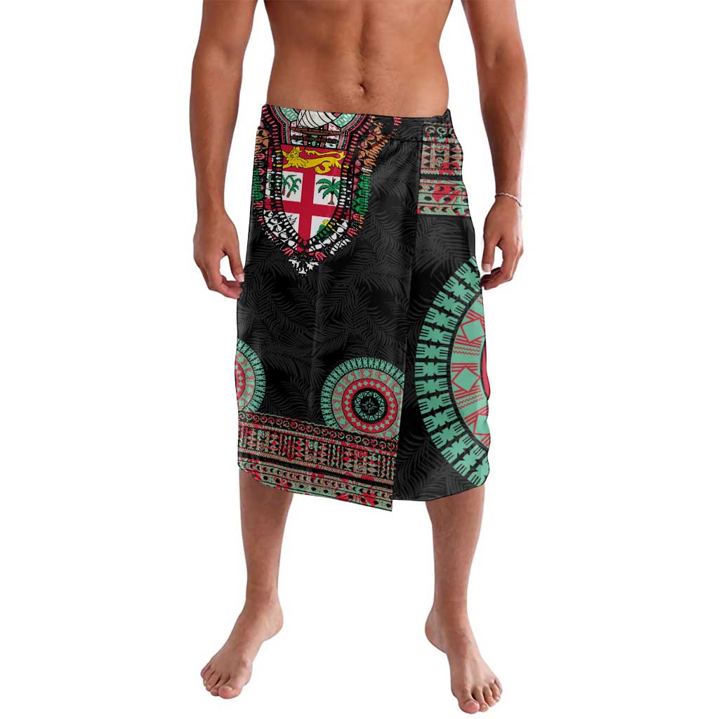Fiji Coat of Arms Traditional Dashiki Lavalava Tapa Art and Palm Leaves Pattern Black Color - Polynesian Pride