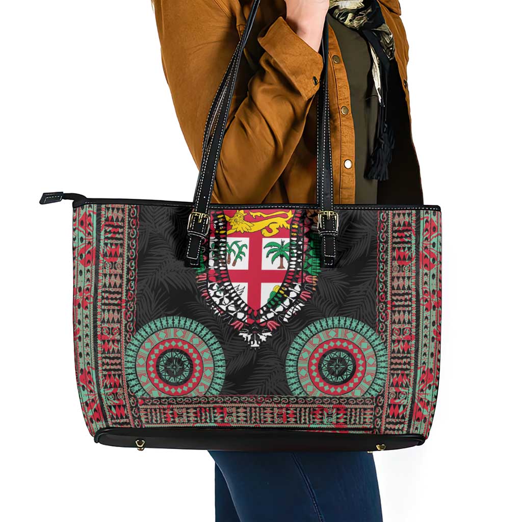 Fiji Coat of Arms Traditional Dashiki Leather Tote Bag Tapa Art and Palm Leaves Pattern Black Color - Polynesian Pride