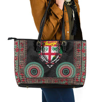 Fiji Coat of Arms Traditional Dashiki Leather Tote Bag Tapa Art and Palm Leaves Pattern Black Color - Polynesian Pride