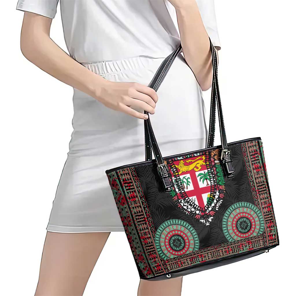 Fiji Coat of Arms Traditional Dashiki Leather Tote Bag Tapa Art and Palm Leaves Pattern Black Color - Polynesian Pride