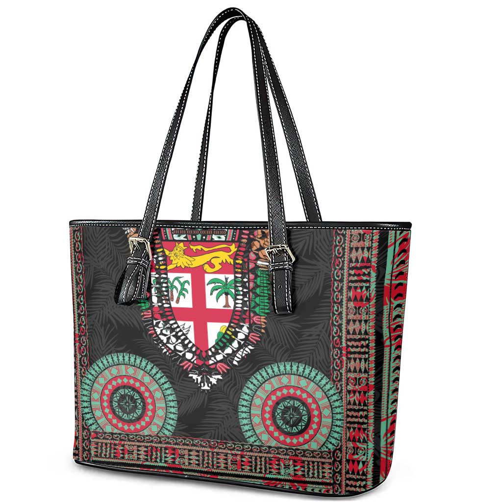 Fiji Coat of Arms Traditional Dashiki Leather Tote Bag Tapa Art and Palm Leaves Pattern Black Color - Polynesian Pride
