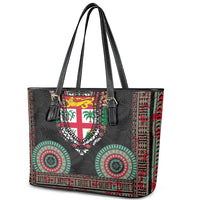 Fiji Coat of Arms Traditional Dashiki Leather Tote Bag Tapa Art and Palm Leaves Pattern Black Color - Polynesian Pride