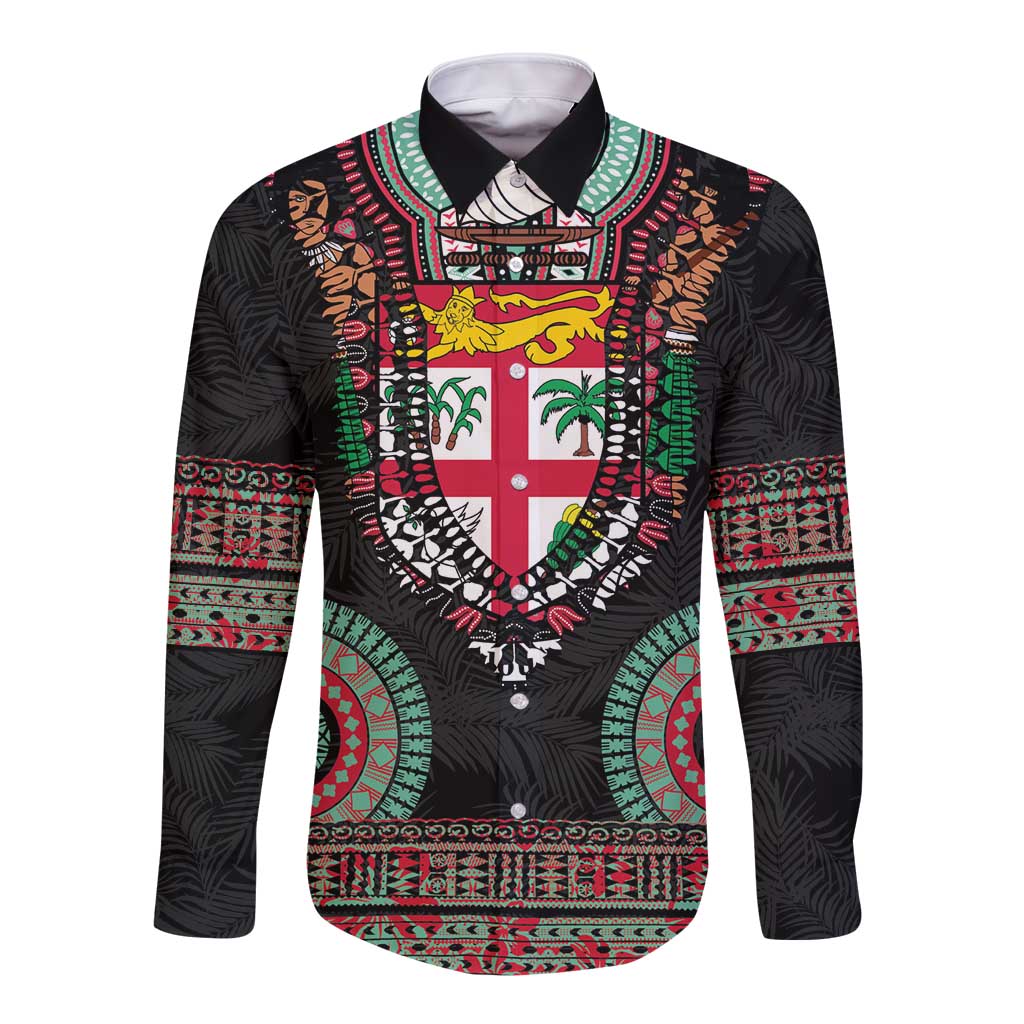 Fiji Coat of Arms Traditional Dashiki Long Sleeve Button Shirt Tapa Art and Palm Leaves Pattern Black Color - Polynesian Pride