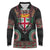 Fiji Coat of Arms Traditional Dashiki Long Sleeve Polo Shirt Tapa Art and Palm Leaves Pattern Black Color - Polynesian Pride