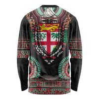 Fiji Coat of Arms Traditional Dashiki Long Sleeve Shirt Tapa Art and Palm Leaves Pattern Black Color - Polynesian Pride