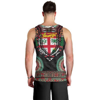 Fiji Coat of Arms Traditional Dashiki Men Tank Top Tapa Art and Palm Leaves Pattern Black Color - Polynesian Pride