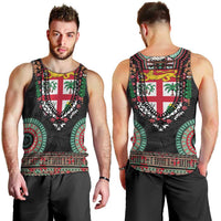 Fiji Coat of Arms Traditional Dashiki Men Tank Top Tapa Art and Palm Leaves Pattern Black Color - Polynesian Pride