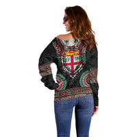 Fiji Coat of Arms Traditional Dashiki Off Shoulder Sweater Tapa Art and Palm Leaves Pattern Black Color - Polynesian Pride