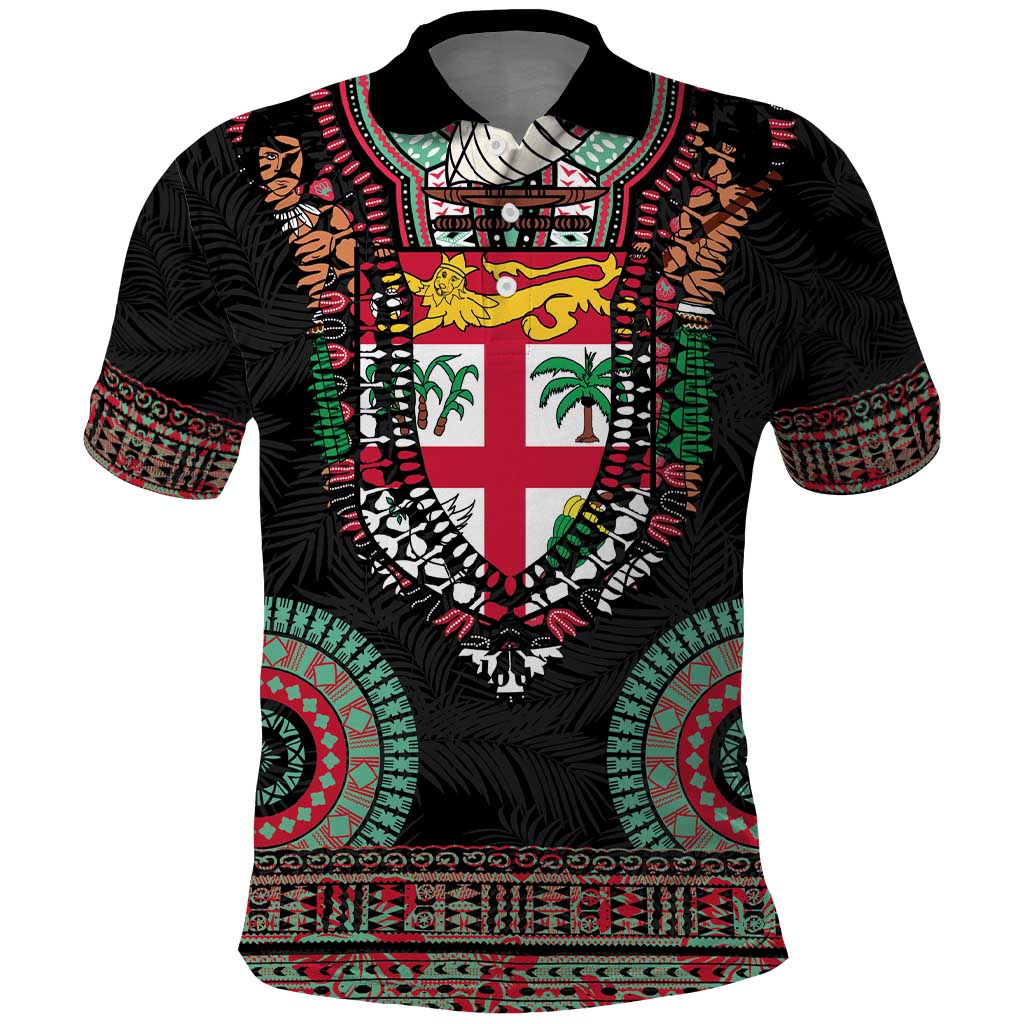 Fiji Coat of Arms Traditional Dashiki Polo Shirt Tapa Art and Palm Leaves Pattern Black Color - Polynesian Pride