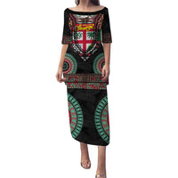 Fiji Coat of Arms Traditional Dashiki Puletasi Tapa Art and Palm Leaves Pattern Black Color - Polynesian Pride
