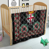 Fiji Coat of Arms Traditional Dashiki Quilt Tapa Art and Palm Leaves Pattern Black Color - Polynesian Pride
