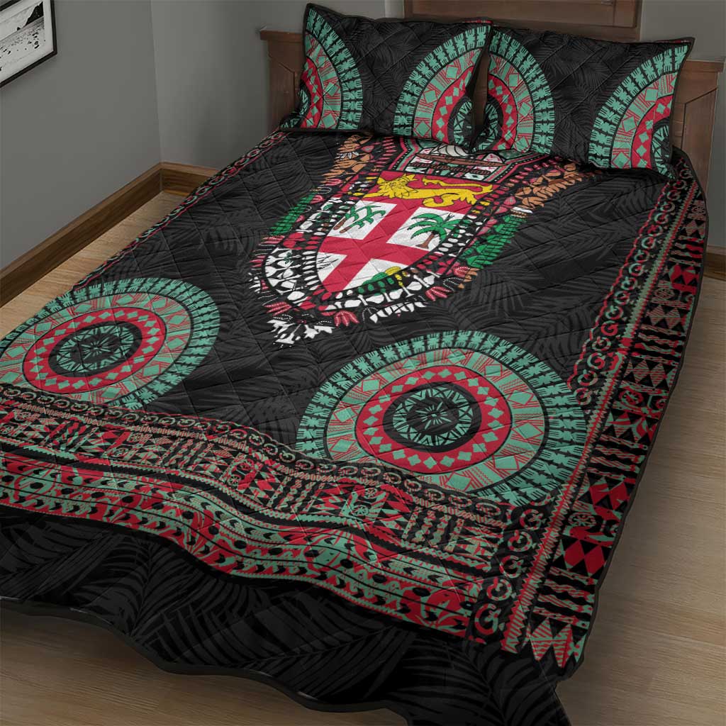 Fiji Coat of Arms Traditional Dashiki Quilt Bed Set Tapa Art and Palm Leaves Pattern Black Color - Polynesian Pride