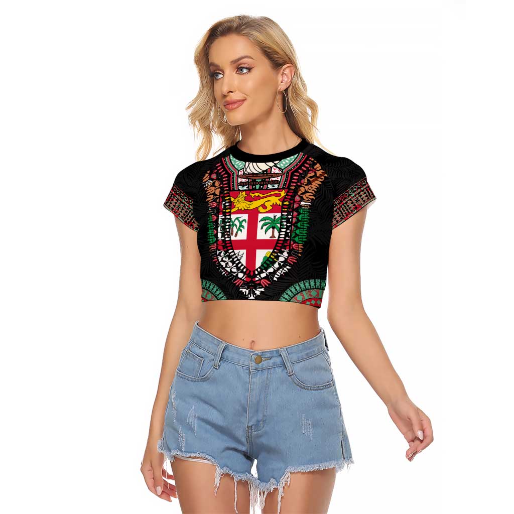 Fiji Coat of Arms Traditional Dashiki Raglan Cropped T Shirt Tapa Art and Palm Leaves Pattern Black Color - Polynesian Pride