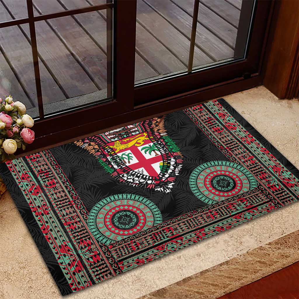 Fiji Coat of Arms Traditional Dashiki Rubber Doormat Tapa Art and Palm Leaves Pattern Black Color - Polynesian Pride