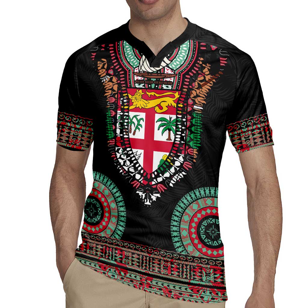 Fiji Coat of Arms Traditional Dashiki Rugby Jersey Tapa Art and Palm Leaves Pattern Black Color - Polynesian Pride
