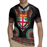 Fiji Coat of Arms Traditional Dashiki Rugby Jersey Tapa Art and Palm Leaves Pattern Black Color - Polynesian Pride