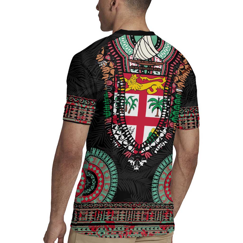 Fiji Coat of Arms Traditional Dashiki Rugby Jersey Tapa Art and Palm Leaves Pattern Black Color - Polynesian Pride