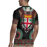 Fiji Coat of Arms Traditional Dashiki Rugby Jersey Tapa Art and Palm Leaves Pattern Black Color - Polynesian Pride