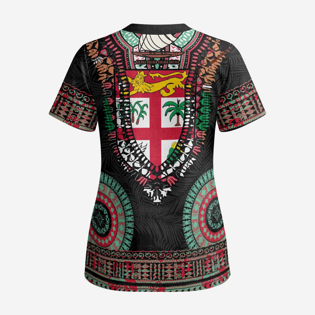 Fiji Coat of Arms Traditional Dashiki Scrub Top Tapa Art and Palm Leaves Pattern Black Color - Polynesian Pride