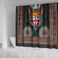 Fiji Coat of Arms Traditional Dashiki Shower Curtain Tapa Art and Palm Leaves Pattern Black Color - Polynesian Pride