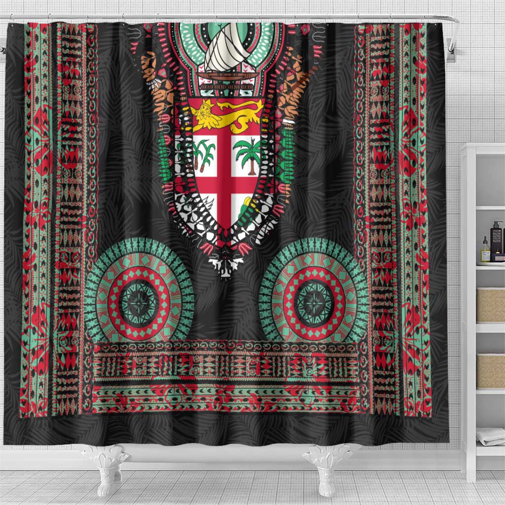 Fiji Coat of Arms Traditional Dashiki Shower Curtain Tapa Art and Palm Leaves Pattern Black Color - Polynesian Pride