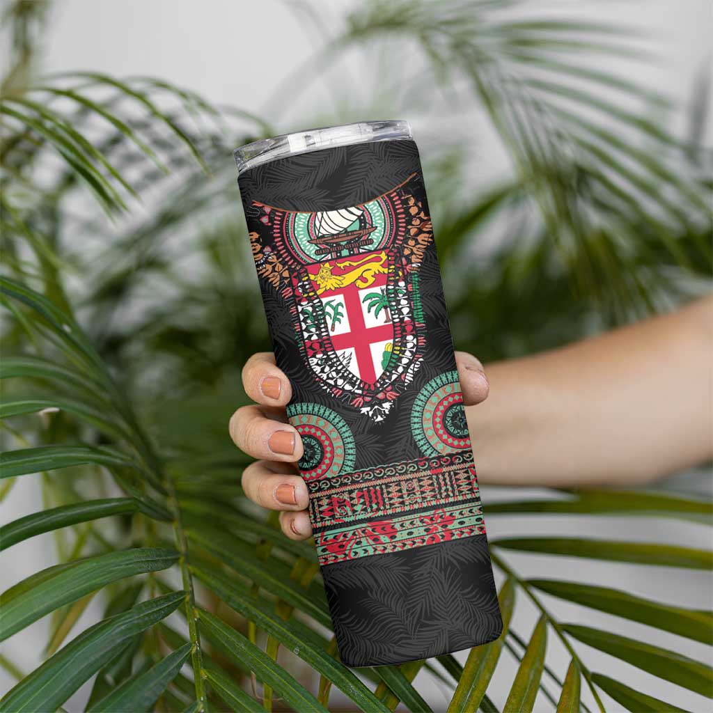Fiji Coat of Arms Traditional Dashiki Skinny Tumbler Tapa Art and Palm Leaves Pattern Black Color - Polynesian Pride