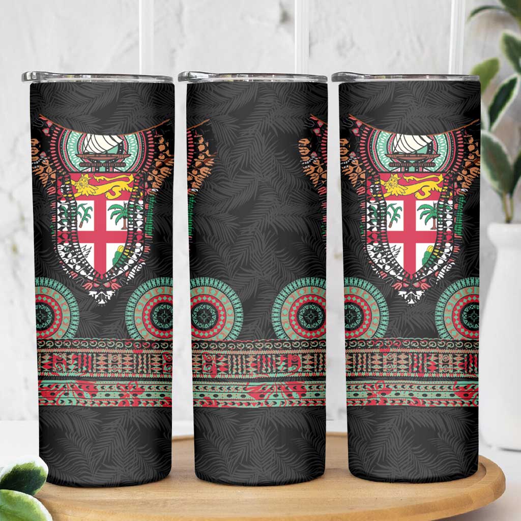 Fiji Coat of Arms Traditional Dashiki Skinny Tumbler Tapa Art and Palm Leaves Pattern Black Color - Polynesian Pride