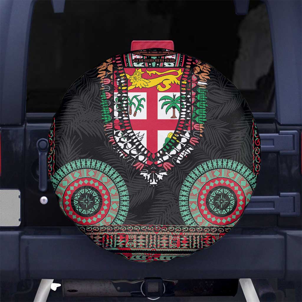 Fiji Coat of Arms Traditional Dashiki Spare Tire Cover Tapa Art and Palm Leaves Pattern Black Color - Polynesian Pride