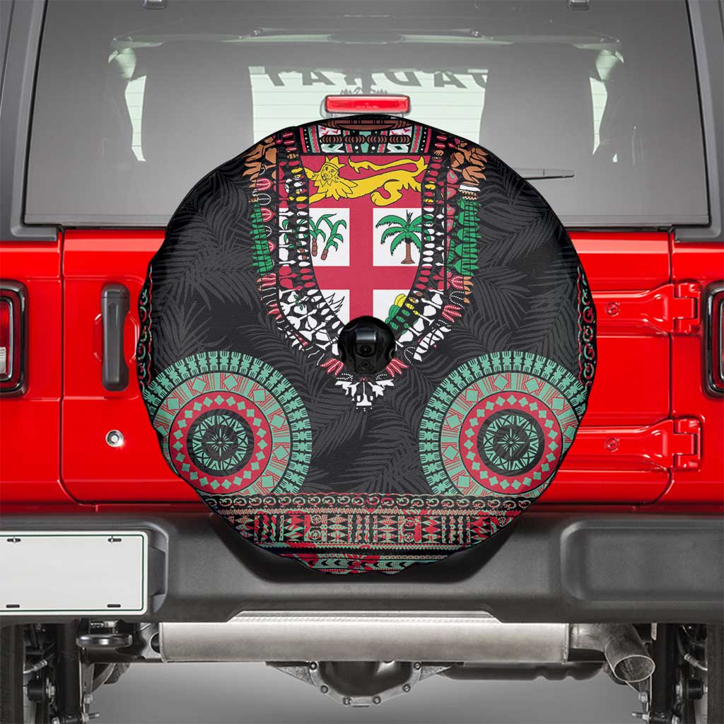 Fiji Coat of Arms Traditional Dashiki Spare Tire Cover Tapa Art and Palm Leaves Pattern Black Color - Polynesian Pride
