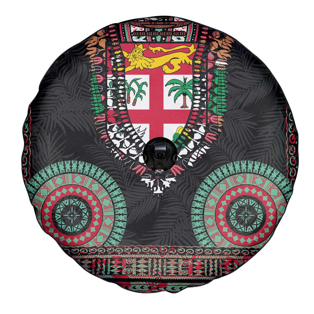 Fiji Coat of Arms Traditional Dashiki Spare Tire Cover Tapa Art and Palm Leaves Pattern Black Color - Polynesian Pride