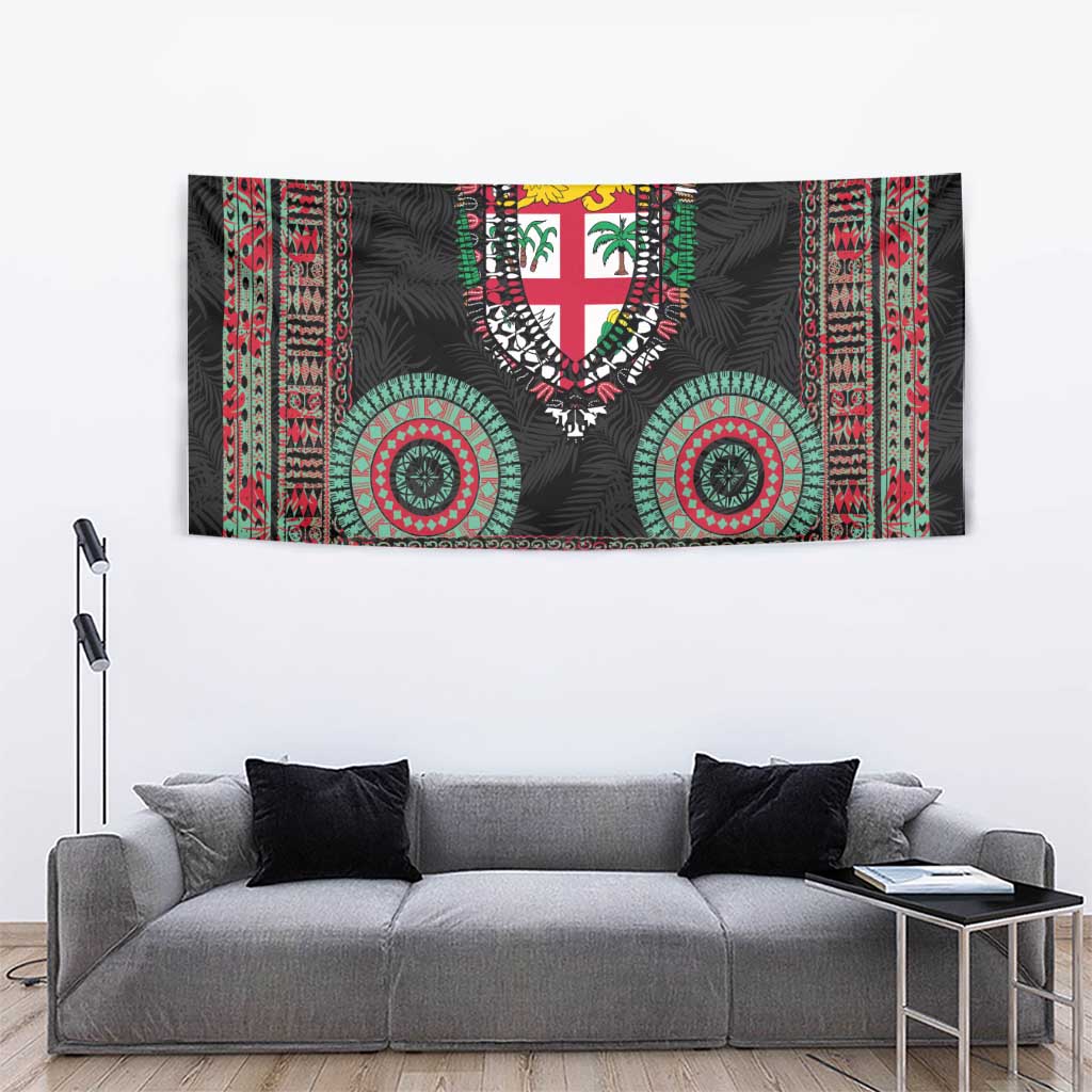 Fiji Coat of Arms Traditional Dashiki Tapestry Tapa Art and Palm Leaves Pattern Black Color - Polynesian Pride