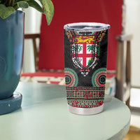 Fiji Coat of Arms Traditional Dashiki Tumbler Cup Tapa Art and Palm Leaves Pattern Black Color - Polynesian Pride