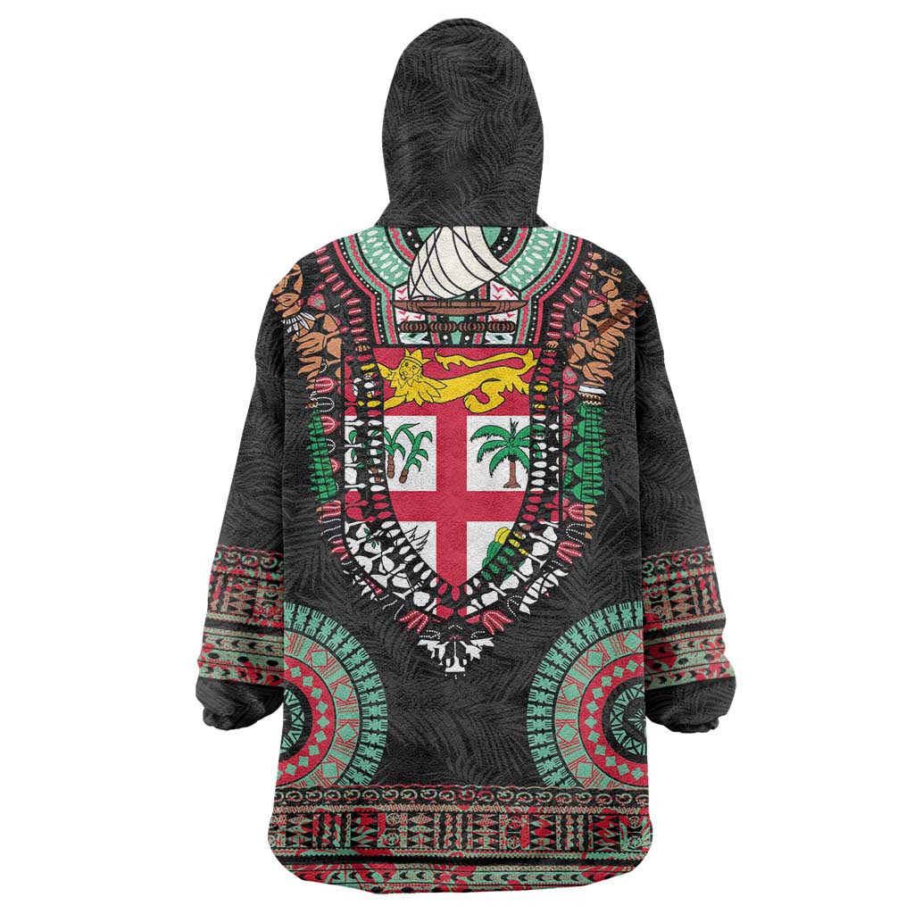 Fiji Coat of Arms Traditional Dashiki Wearable Blanket Hoodie Tapa Art and Palm Leaves Pattern Black Color - Polynesian Pride