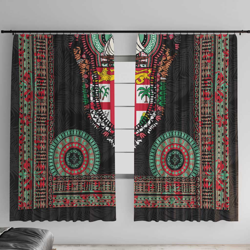 Fiji Coat of Arms Traditional Dashiki Window Curtain Tapa Art and Palm Leaves Pattern Black Color - Polynesian Pride