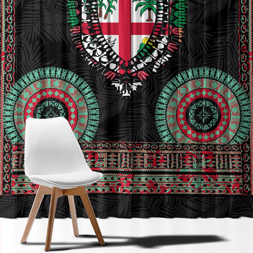 Fiji Coat of Arms Traditional Dashiki Window Curtain Tapa Art and Palm Leaves Pattern Black Color - Polynesian Pride