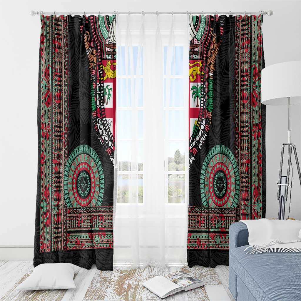 Fiji Coat of Arms Traditional Dashiki Window Curtain Tapa Art and Palm Leaves Pattern Black Color - Polynesian Pride