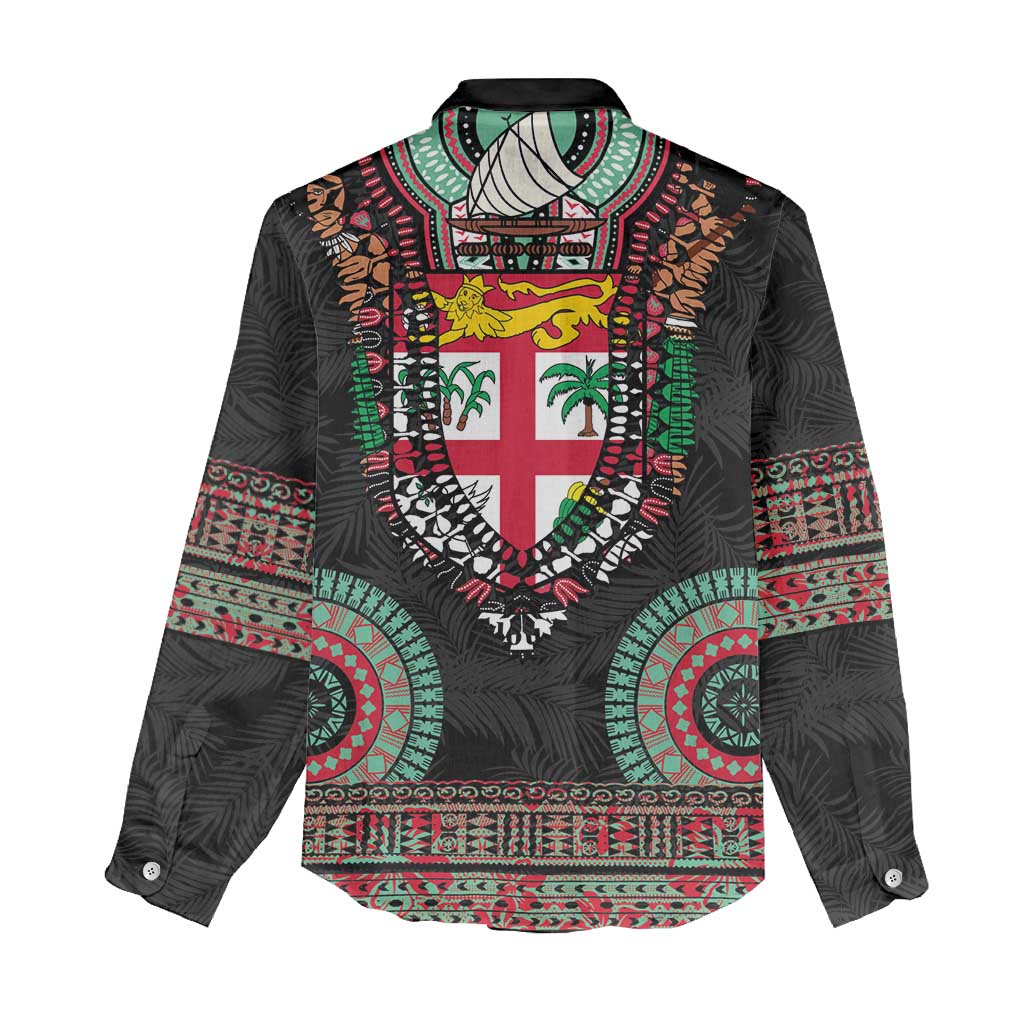 Fiji Coat of Arms Traditional Dashiki Women Casual Shirt Tapa Art and Palm Leaves Pattern Black Color - Polynesian Pride